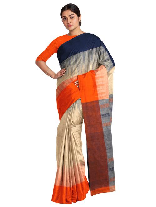 beige khadi handloom saree with blouse - 17714991 - Standard Image - 1