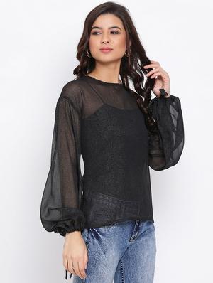 side tie knot sleeved sheer top - 17715107 - Standard Image - 2