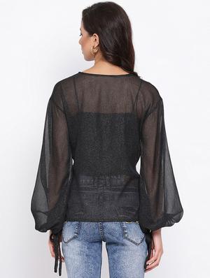 side tie knot sleeved sheer top - 17715107 - Standard Image - 3