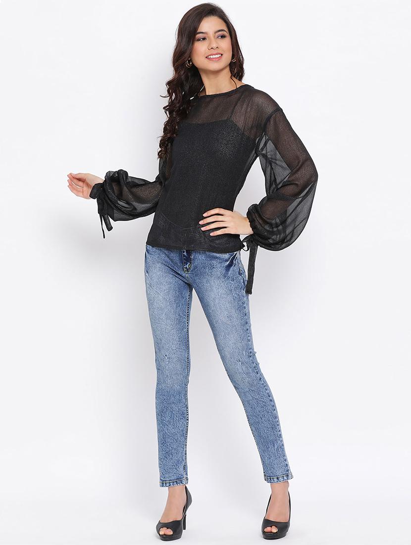 side tie knot sleeved sheer top - 17715107 - Zoom Image - 4