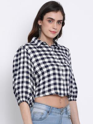 puff sleeved checkered crop shirt - 17715168 - Standard Image - 2