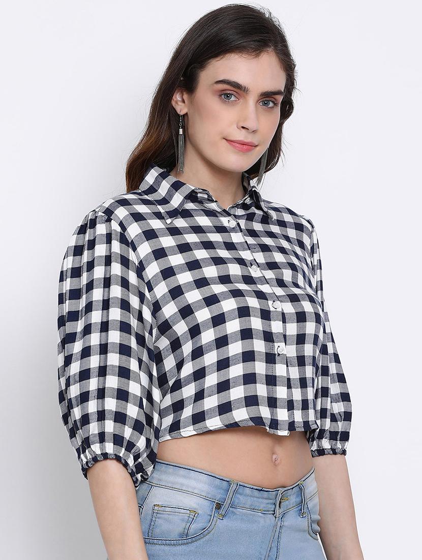 puff sleeved checkered crop shirt - 17715168 - Zoom Image - 2