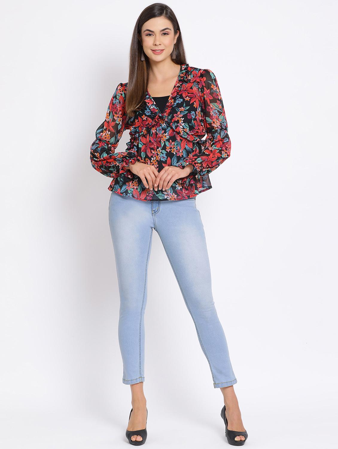 overlap neck floral top - 17715201 - Zoom Image - 4