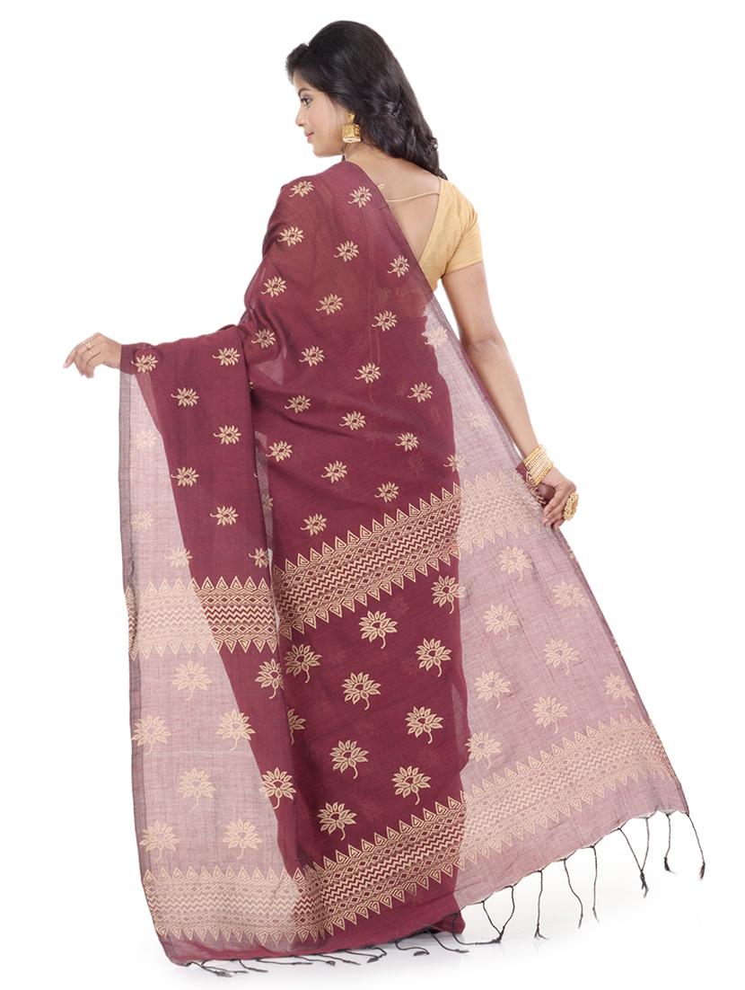 maroon cotton handloom saree with blouse - 17715651 - Zoom Image - 2