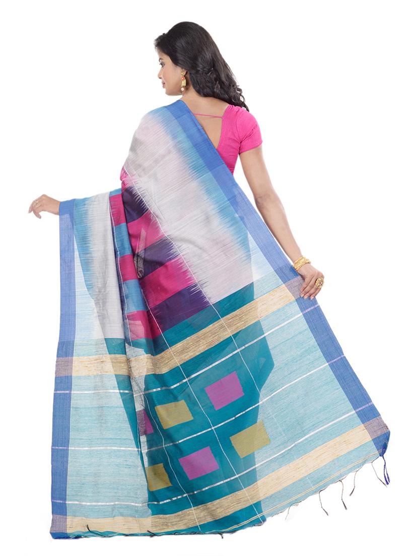 turquoise cotton handloom saree with blouse - 17715686 - Zoom Image - 2