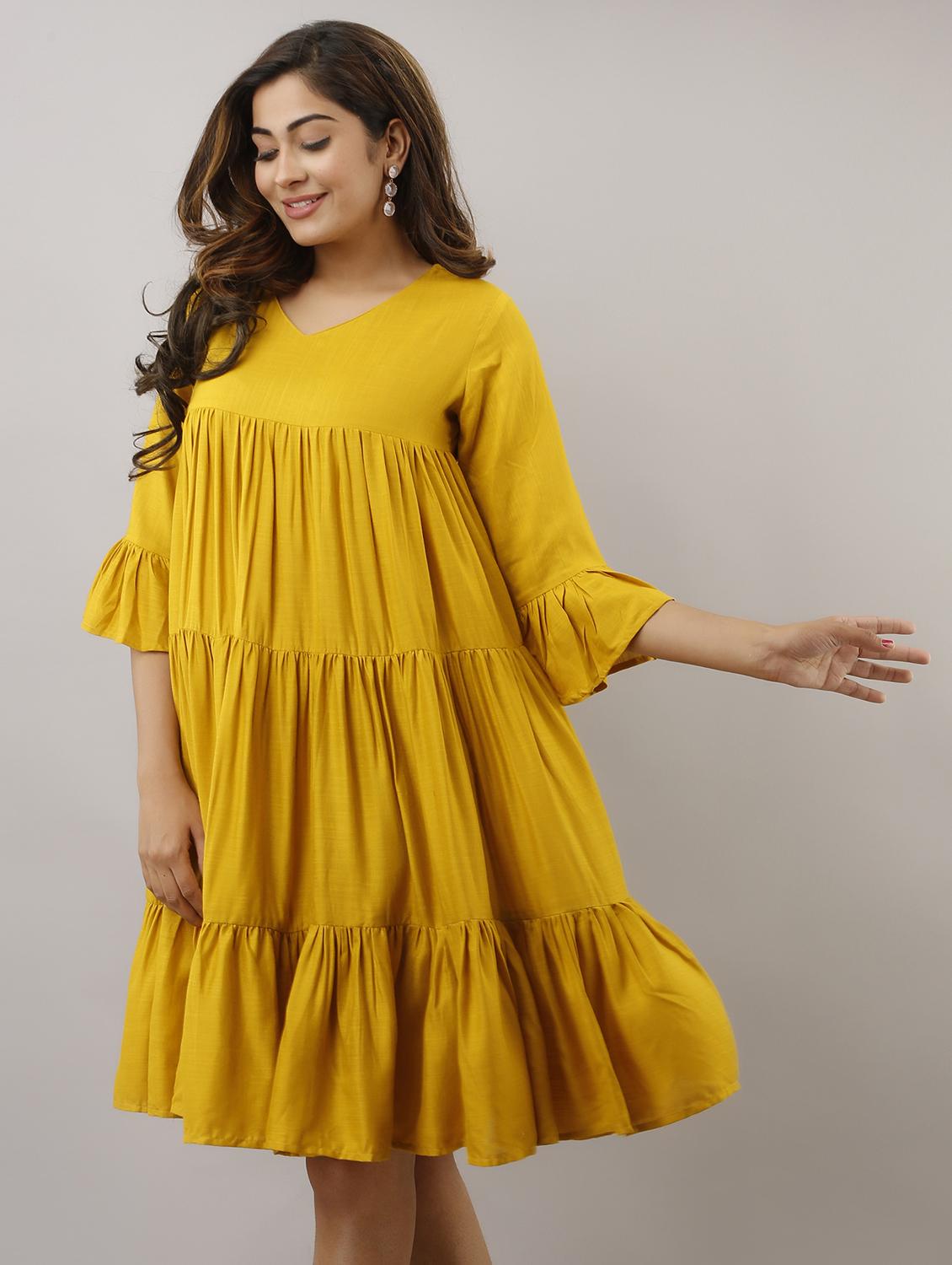 bell sleeved solid tiered dress - 17717599 - Zoom Image - 2