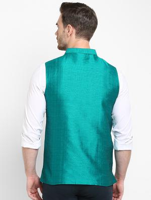 green solid silk nehru jacket - 17718809 - Standard Image - 3
