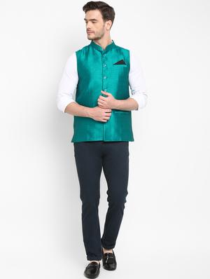 green solid silk nehru jacket - 17718809 - Standard Image - 4
