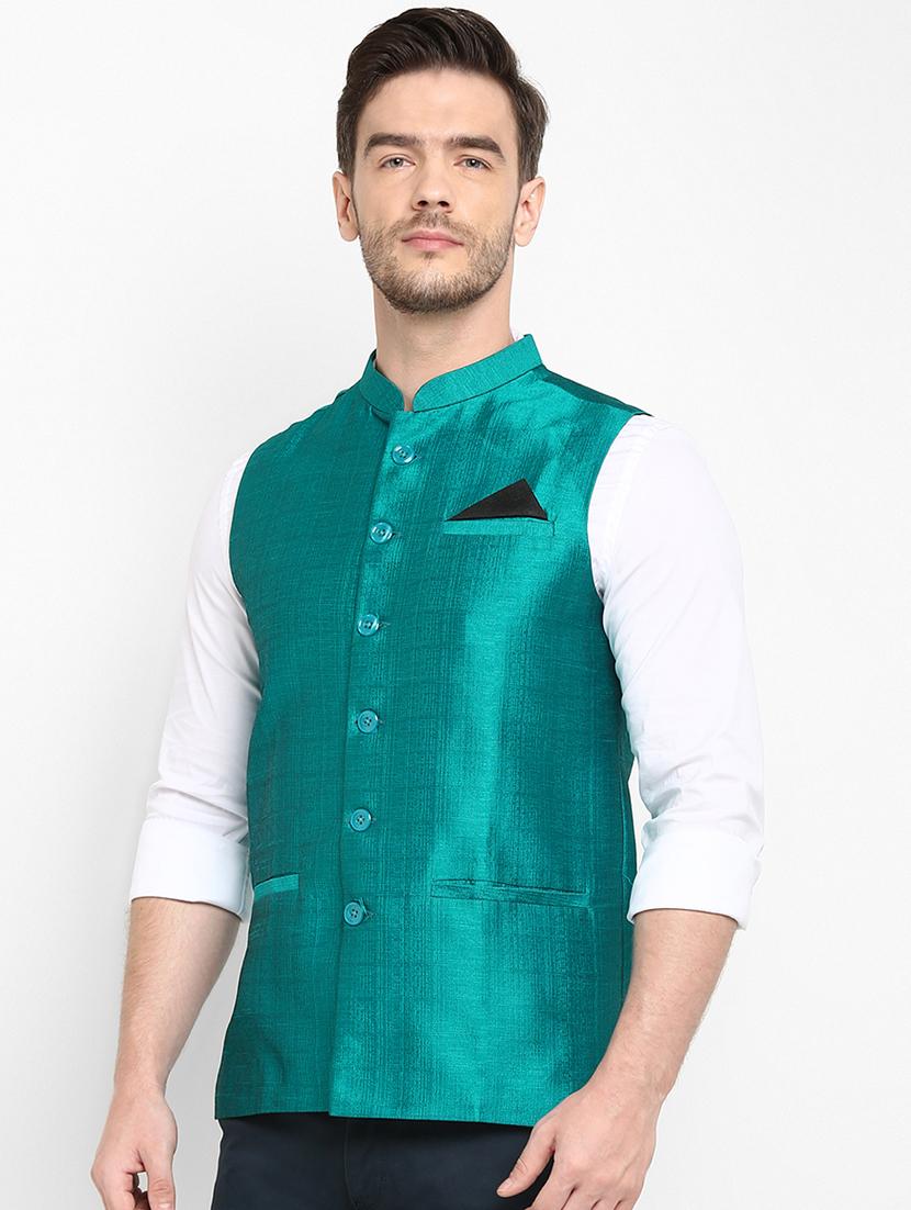 green solid silk nehru jacket - 17718809 - Zoom Image - 2