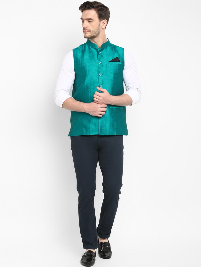 green solid silk nehru jacket - 17718809 - Zoom Image - 4