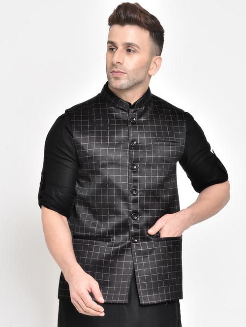 black checkered nehru jacket - 17718811 - Standard Image - 1