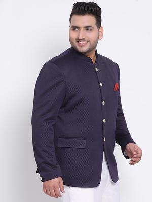 navy blue self design bandhgala casual blazer - 17718849 - Standard Image - 2