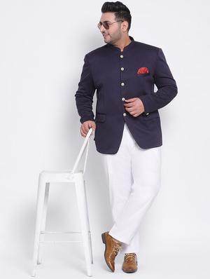 navy blue self design bandhgala casual blazer - 17718849 - Standard Image - 4