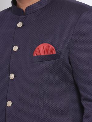 navy blue self design bandhgala casual blazer - 17718849 - Standard Image - 5