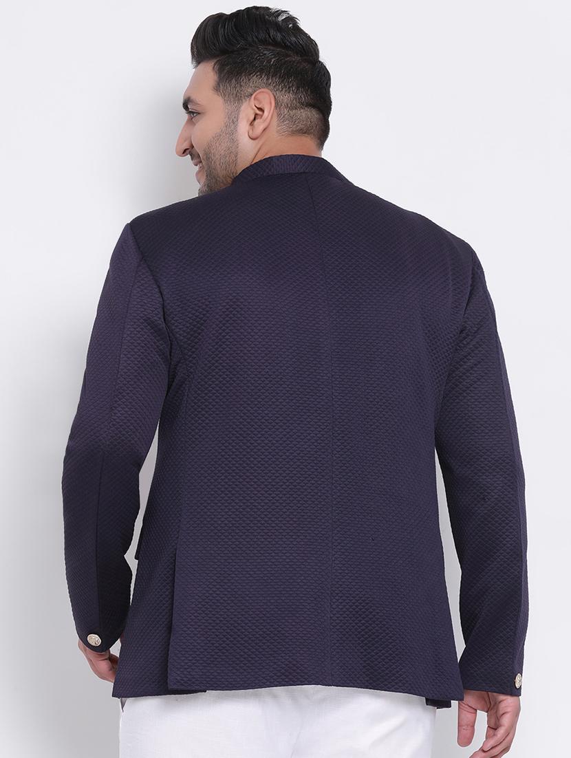 navy blue self design bandhgala casual blazer - 17718849 - Zoom Image - 3