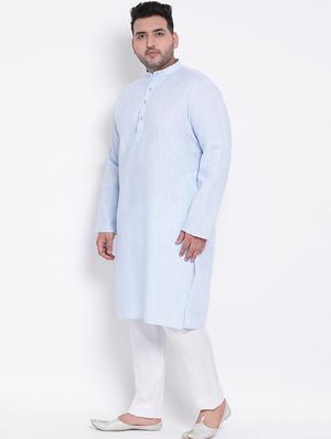 plus size blue solid linen kurta pyjama set - 17718889 - Standard Image - 3
