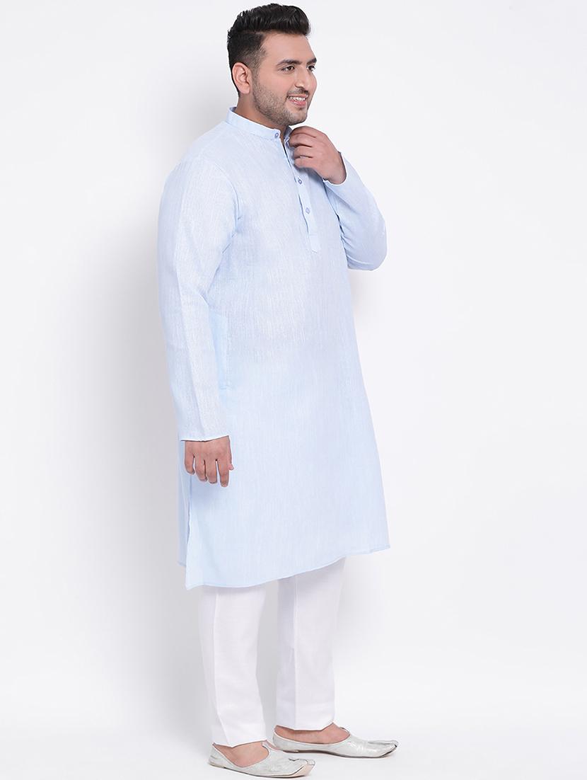 plus size blue solid linen kurta pyjama set - 17718889 - Zoom Image - 2