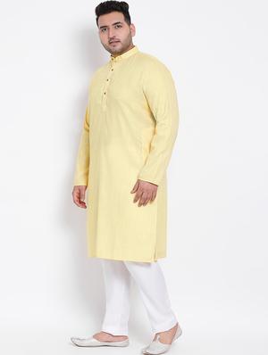 plus size yellow solid linen kurta pyjama set - 17718911 - Standard Image - 3