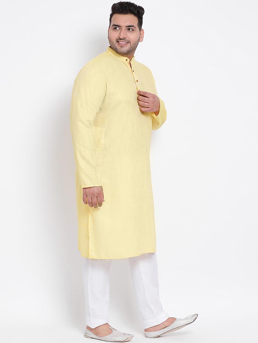 plus size yellow solid linen kurta pyjama set - 17718911 - Zoom Image - 2