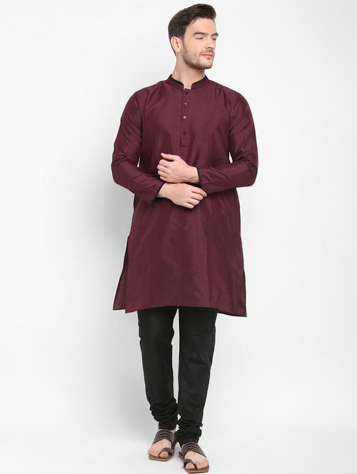 maroon solid silk blend kurta pyjama set - 17718912 - Very Small Image - 1