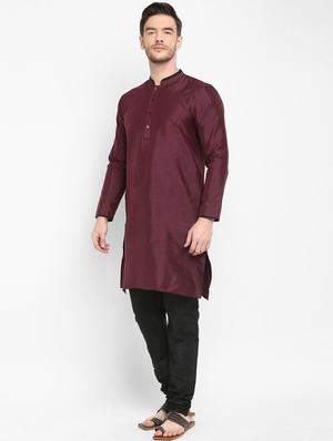 maroon solid silk blend kurta pyjama set - 17718912 - Standard Image - 3