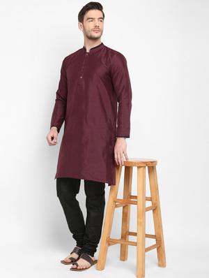 maroon solid silk blend kurta pyjama set - 17718912 - Standard Image - 5