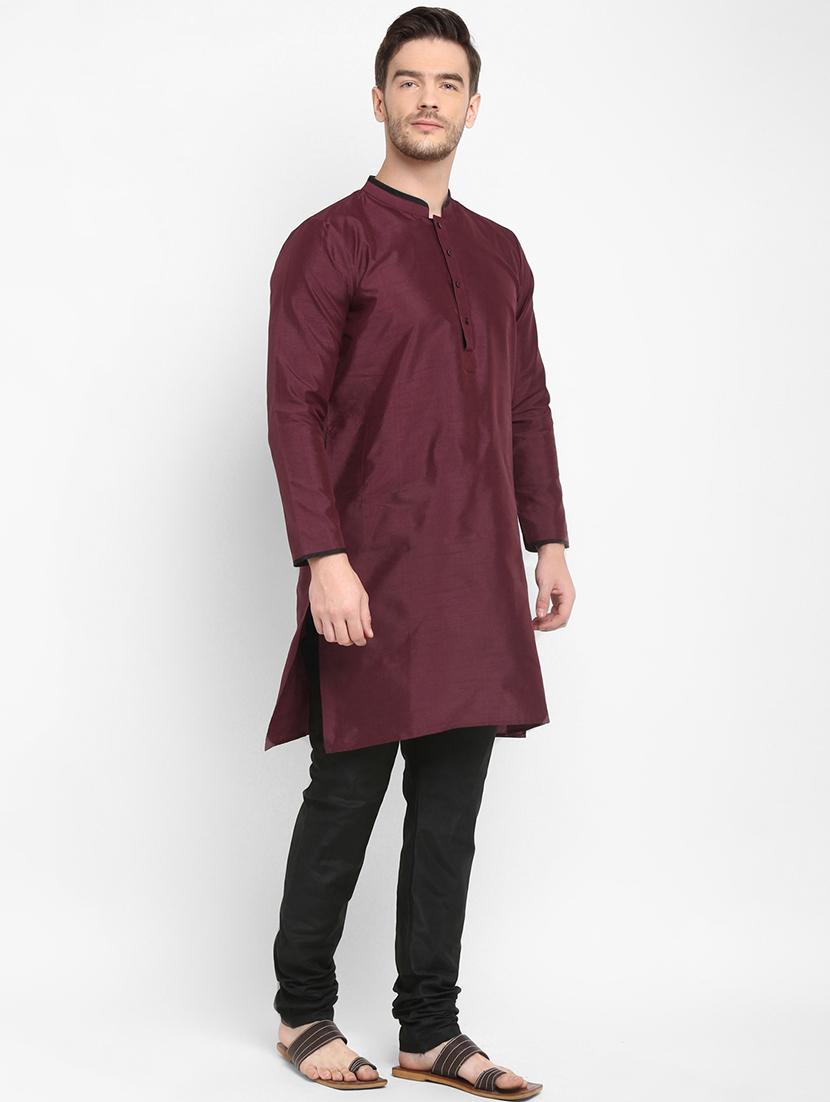 maroon solid silk blend kurta pyjama set - 17718912 - Zoom Image - 2