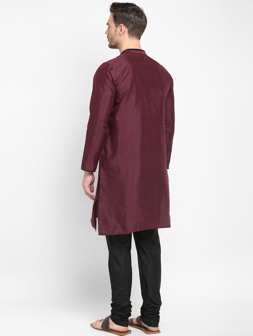maroon solid silk blend kurta pyjama set - 17718912 - Zoom Image - 4