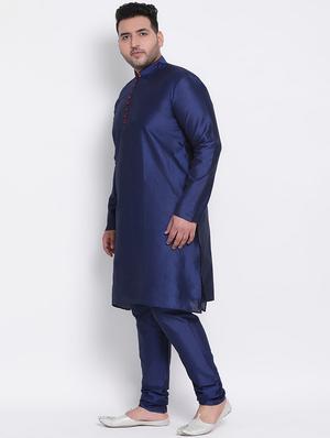 plus size navy blue solid silk blend kurta pyjama set - 17718938 - Standard Image - 3