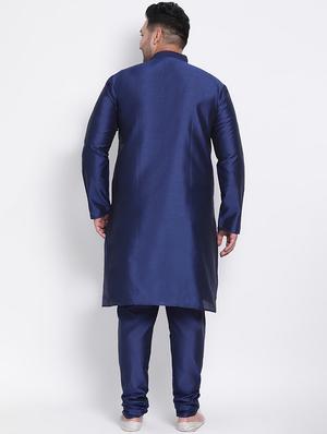 plus size navy blue solid silk blend kurta pyjama set - 17718938 - Standard Image - 4