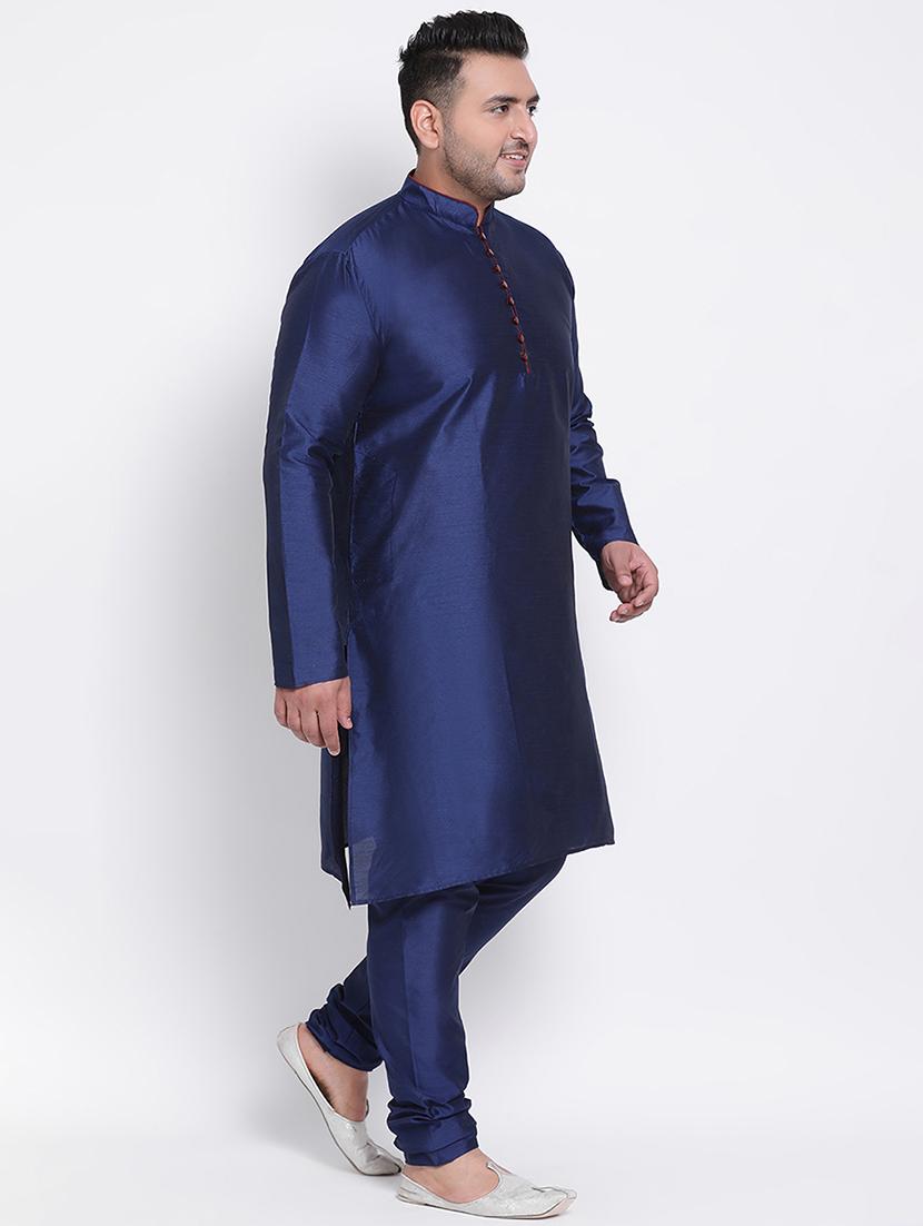 plus size navy blue solid silk blend kurta pyjama set - 17718938 - Zoom Image - 2