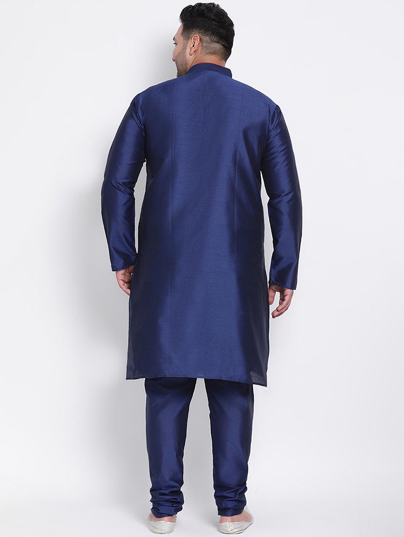 plus size navy blue solid silk blend kurta pyjama set - 17718938 - Zoom Image - 4