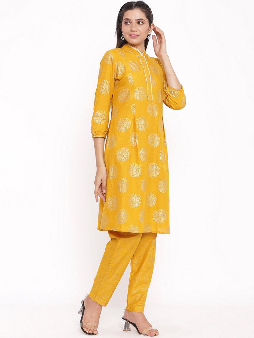 mustard foil print a-line kurta - 17727279 - Zoom Image - 2