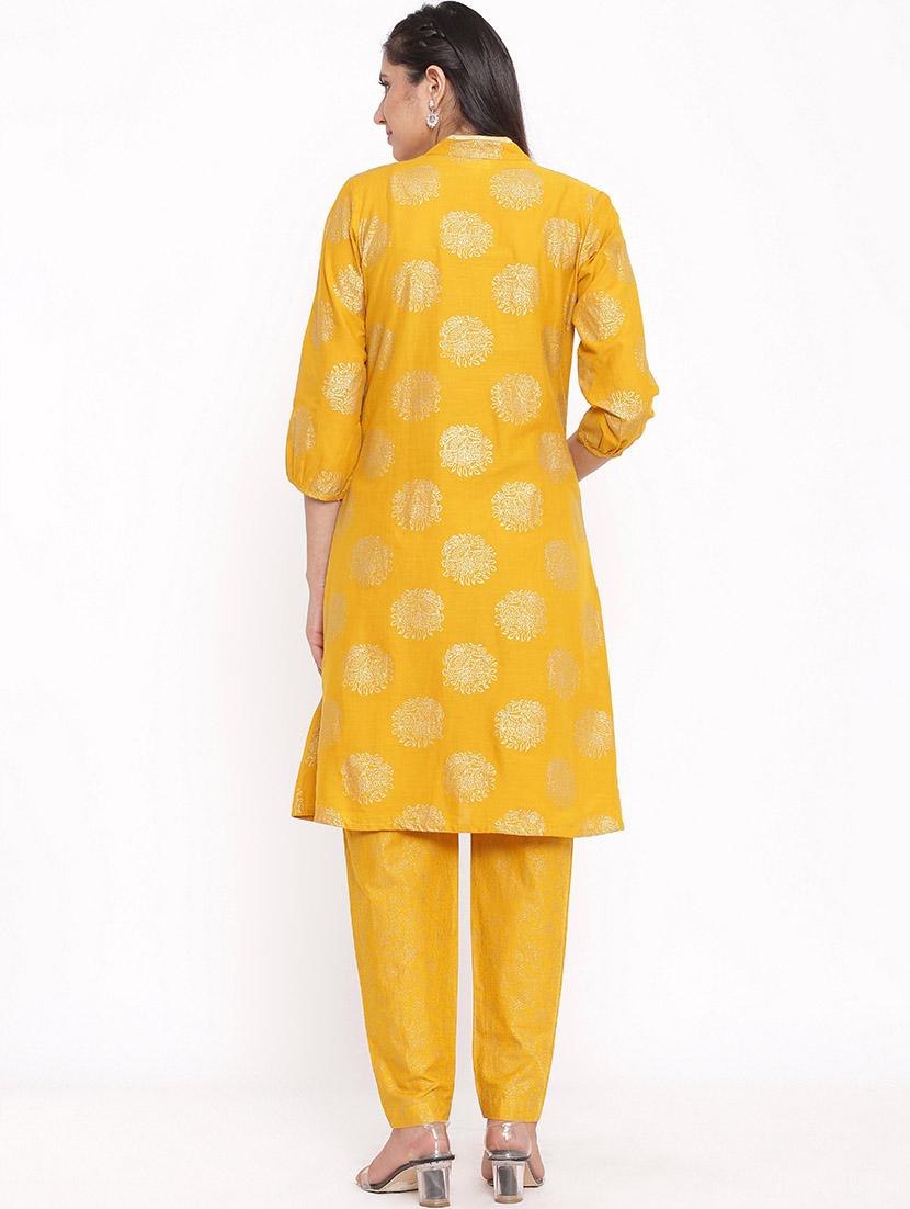 mustard foil print a-line kurta - 17727279 - Zoom Image - 3