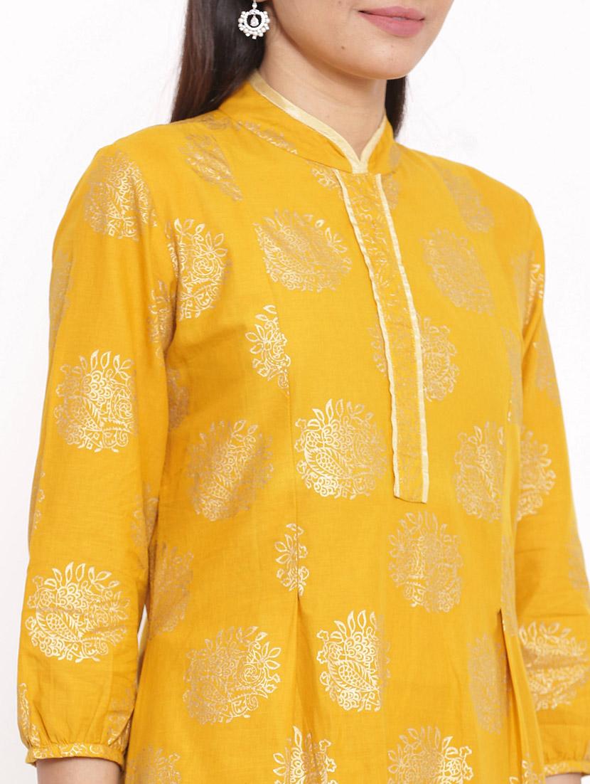 mustard foil print a-line kurta - 17727279 - Zoom Image - 4