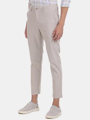 beige solid flat front casual trouser - 17730517 - Standard Image - 2