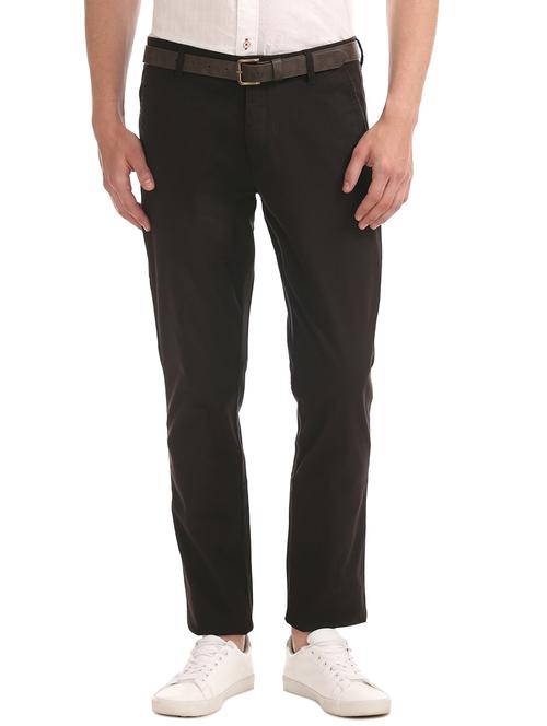black solid flat front casual trouser - 17730722 - Standard Image - 1