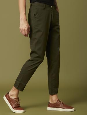 olive green solid flat front casual trouser - 17732710 - Standard Image - 3