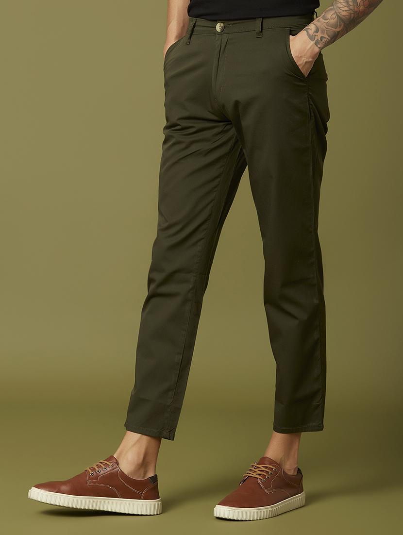 olive green solid flat front casual trouser - 17732710 - Zoom Image - 2