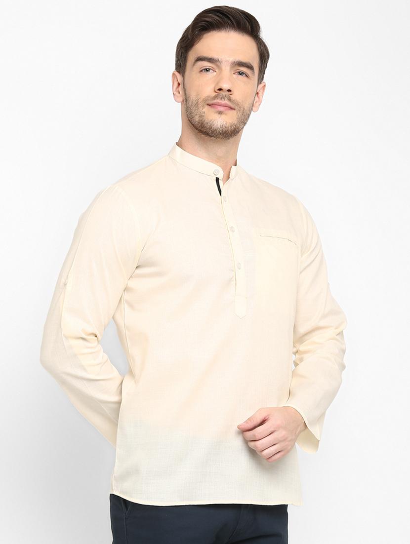 cream solid short kurta - 17733698 - Zoom Image - 3