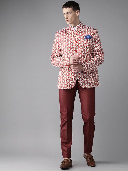 red printed bandhgala suit - 17733784 - Standard Image - 1