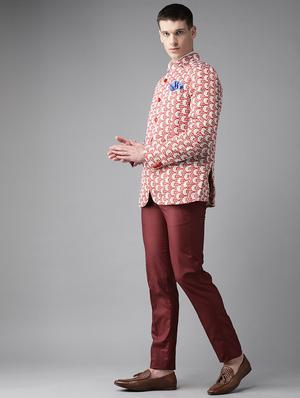 red printed bandhgala suit - 17733784 - Standard Image - 2
