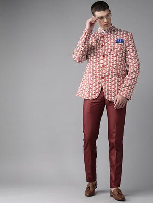 red printed bandhgala suit - 17733784 - Standard Image - 3