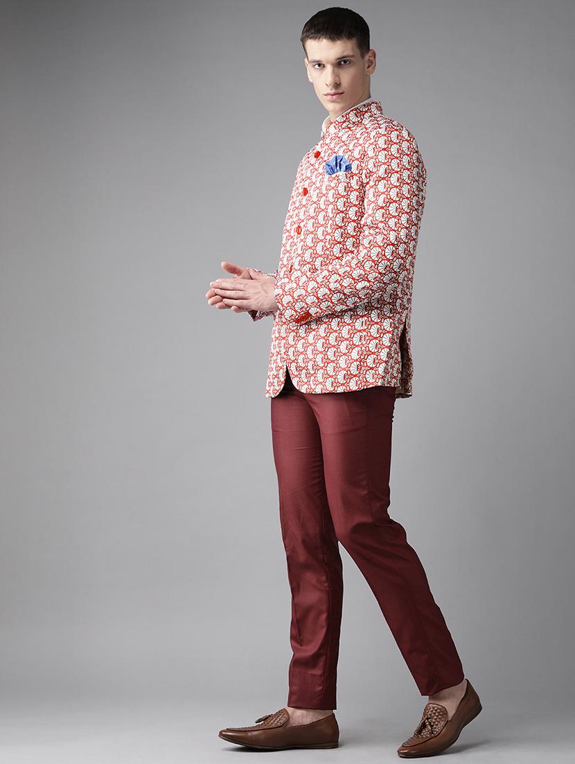 red printed bandhgala suit - 17733784 - Zoom Image - 2