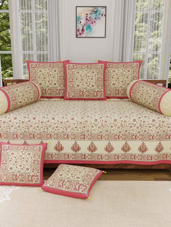 trency sanganeri print 150 gsm cotton diwan set with - 1 single bed sheet with 5 cushions covers and 2 bolster covers - 17739765 - Zoom Image - 1