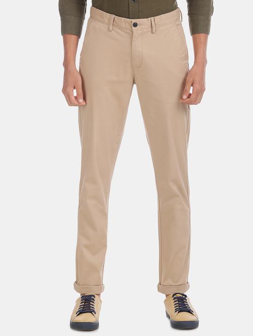 beige solid flat front casual trouser - 17741558 - Standard Image - 1