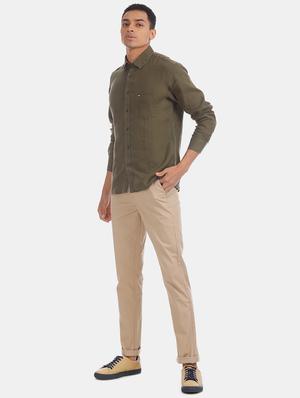 beige solid flat front casual trouser - 17741558 - Standard Image - 4