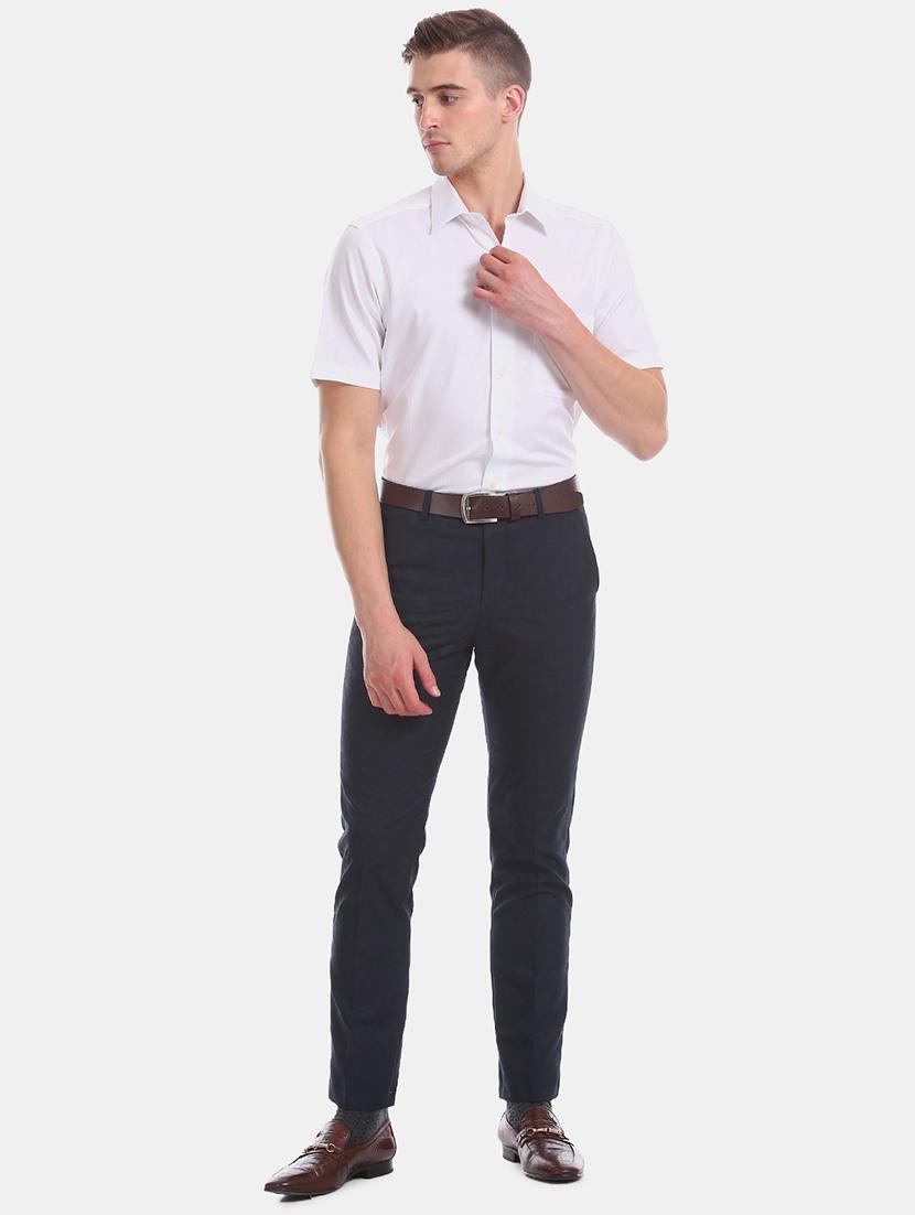 navy blue textured flat front formal trouser - 17741852 - Zoom Image - 4