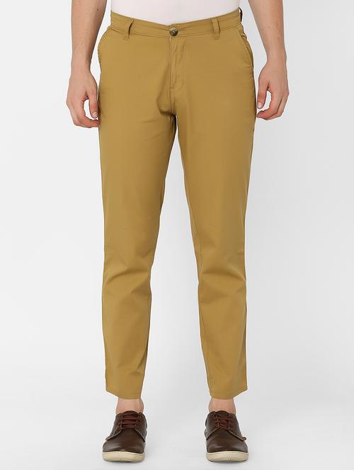 khaki solid flat front casual trouser - 17750253 - Standard Image - 1