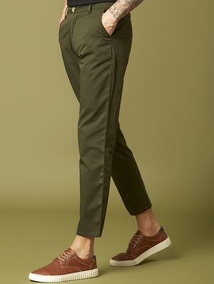 olive green solid flat front casual trouser - 17750255 - Standard Image - 2